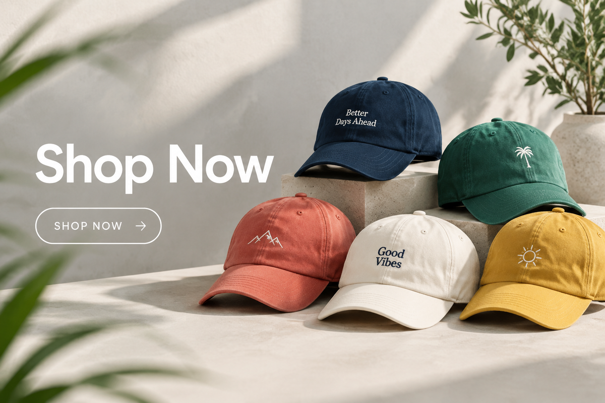 Baseball caps banner ad with "Shop Now" overlay