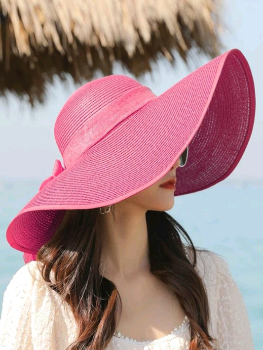 Wide Brim Sun Protection Hat w/Bow Decor