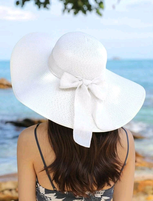 Wide Brim Sun Protection Hat w/Bow Decor