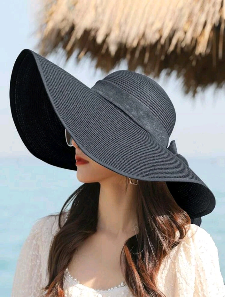 Summer Sun Protection Beach Hat w/Bow Decor