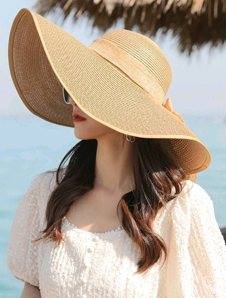 Wide Brim Sun Protection Hat w/Bow Decor