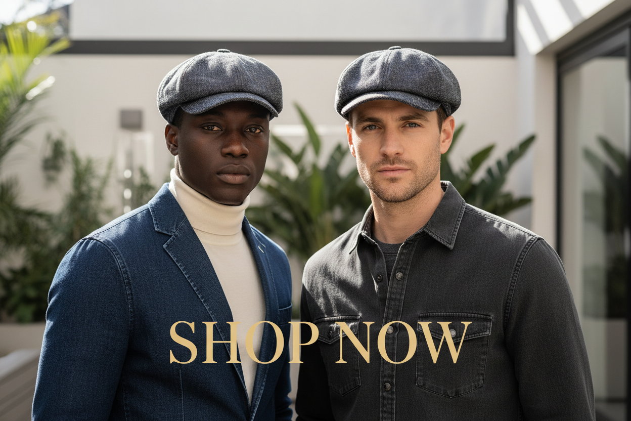 Shop Now Banner – Denim Newsboy Caps with Overlay