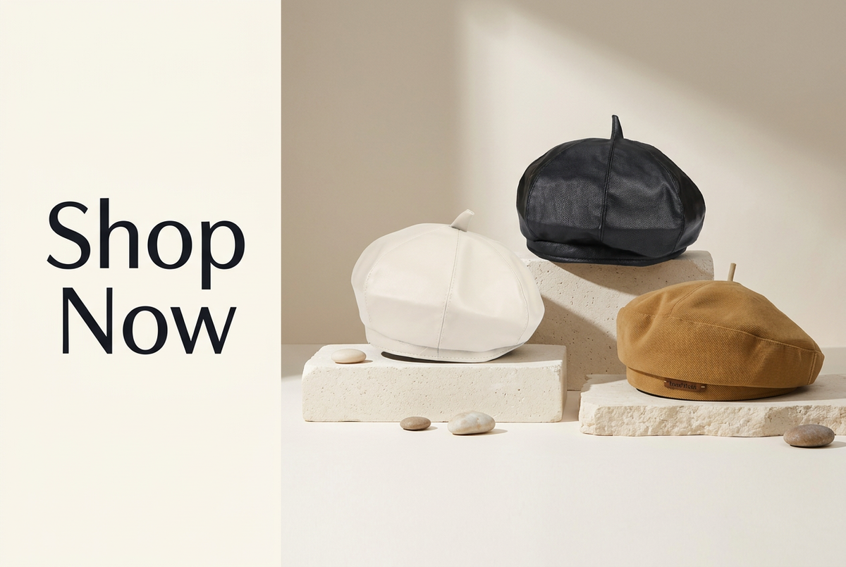 Shop Now banner featuring berets