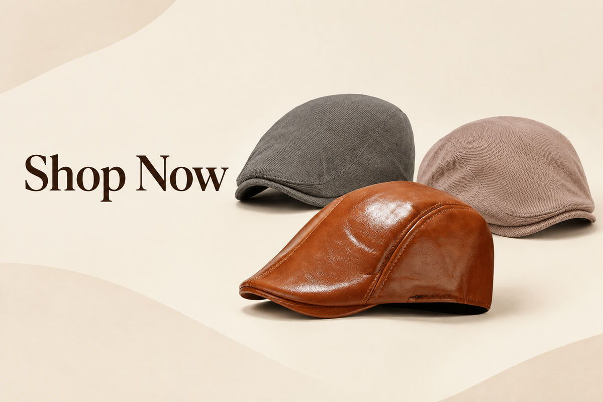 Shop Now banner featuring Newsboy Caps