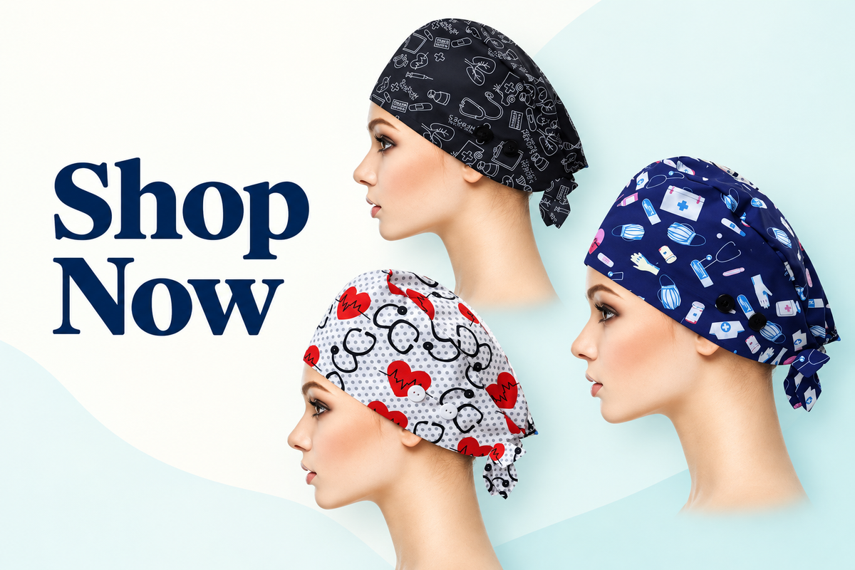 Shop Now banner featuring Scrub Hat Collection designs