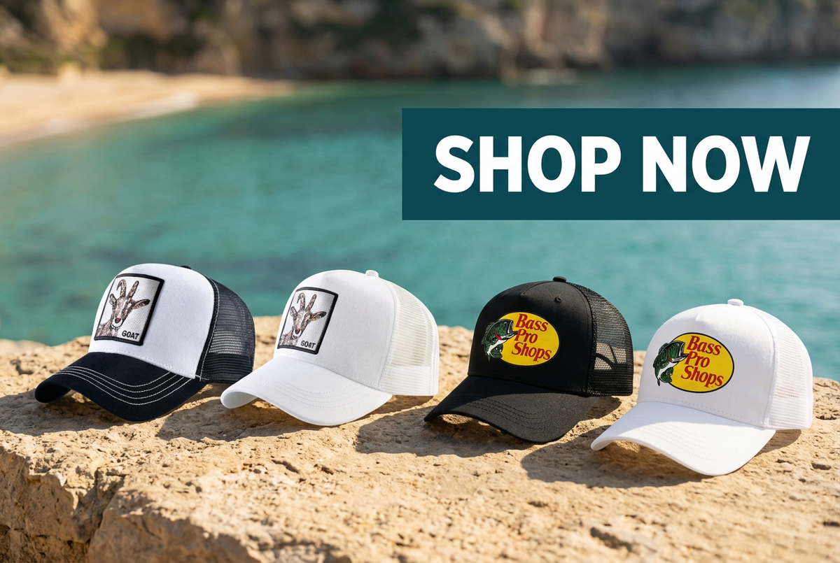 Shop Now banner featuring trucker and fishing caps