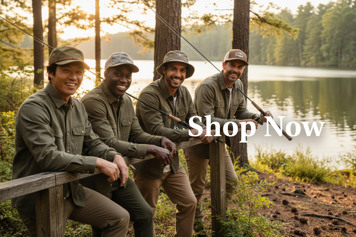 Shop Now Banner – Multiracial Men in Fishing Caps